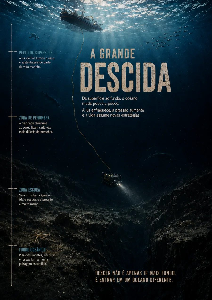 Página do Segredo das Profundezas sobre as camadas do oceano da superfície ao fundo.