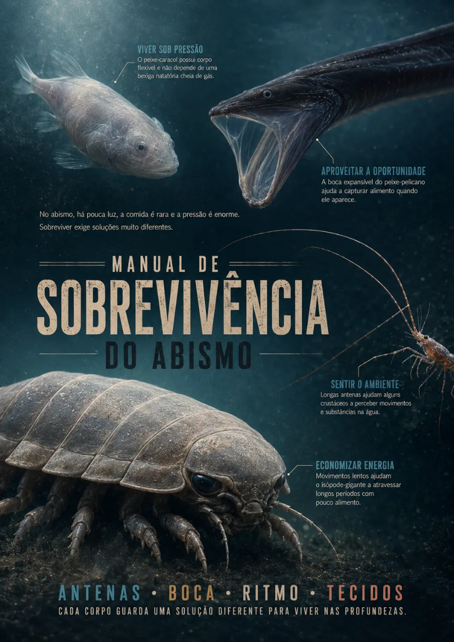 Página do Segredo das Profundezas sobre a sobrevivência de animais no abismo oceânico.